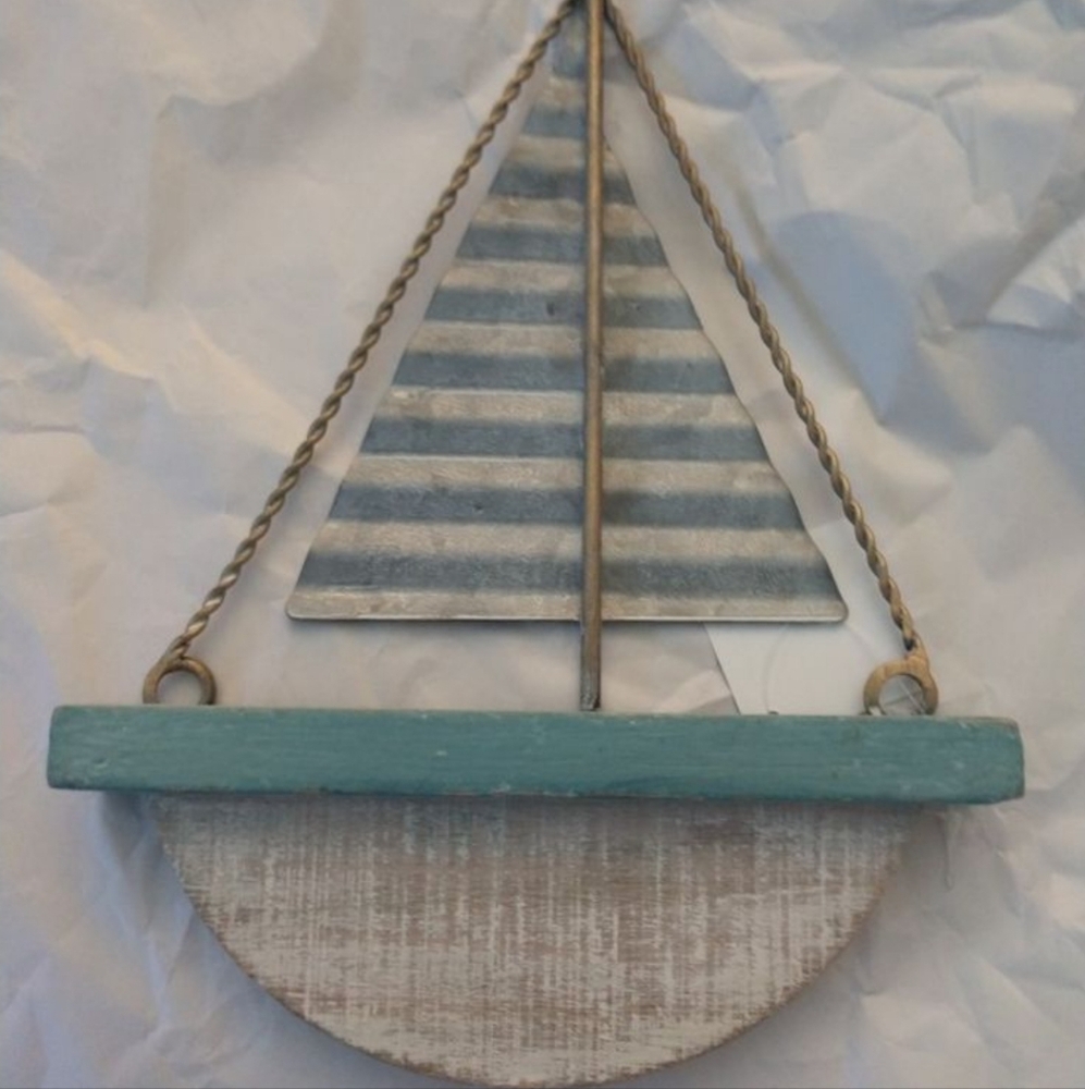 WHITE WASHED WOOD GALVANIZED METAL SAILBOAT WALL DECOR BNWT SO 1 Left